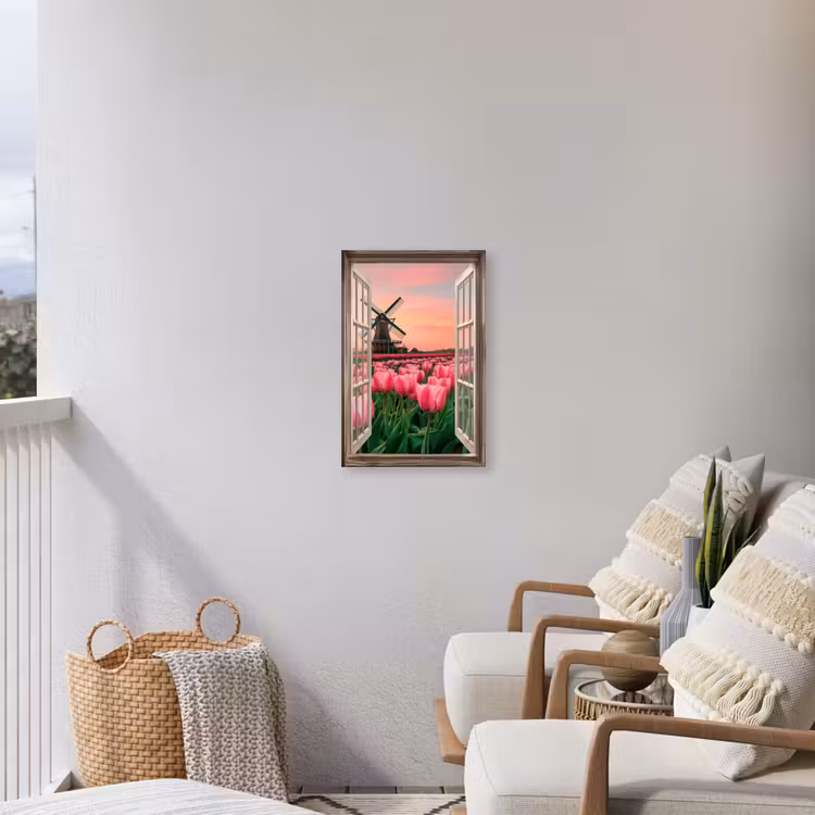 Doorkijk - Tulpen - Bloemen - Molen - Raam Tuinposter op houten frame 2 cm dik klein -sfeer1