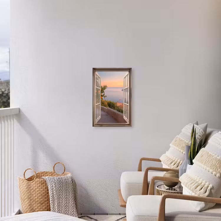 Doorkijk - Uitzicht - Meer - Landschap Tuinposter op houten frame 2 cm dik klein -sfeer1