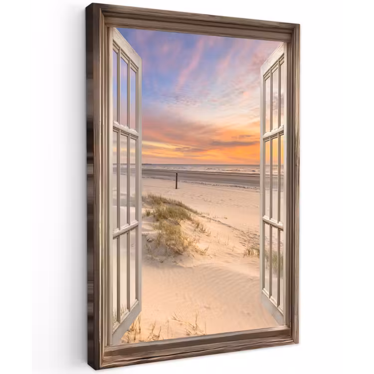 Doorkijk - Strand - Duinen - Natuur - Landschap Tuinposter op houten frame 2 cm dik klein -3d