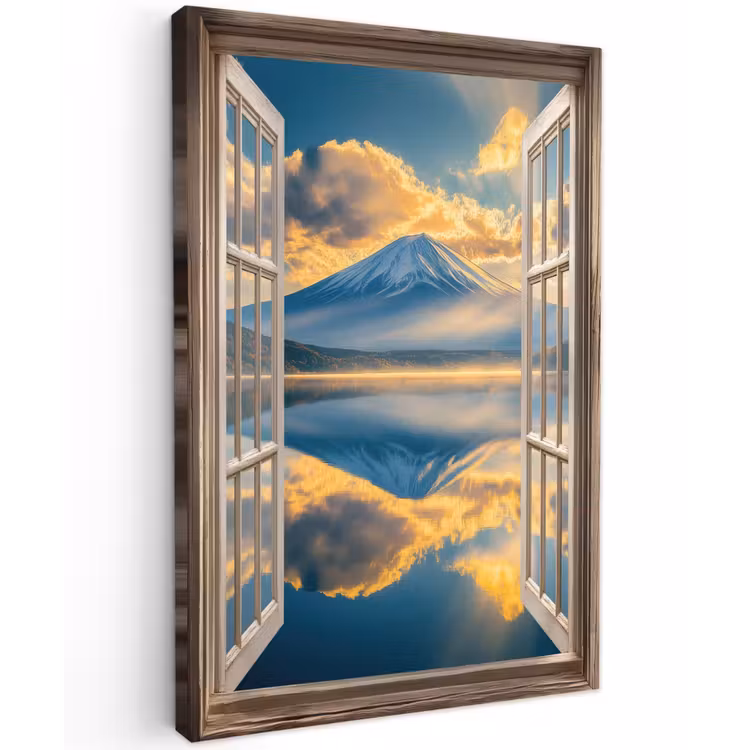 Doorkijk - Landschap - Bergen - Uitzicht - Raam Tuinposter op houten frame 2 cm dik klein -3d