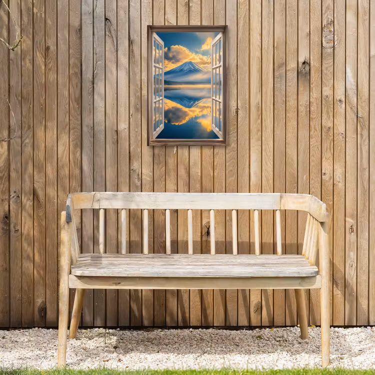 Doorkijk - Landschap - Bergen - Uitzicht - Raam Tuinposter op houten frame 2 cm dik klein -sfeer4