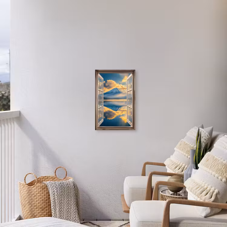 Doorkijk - Landschap - Bergen - Uitzicht - Raam Tuinposter op houten frame 2 cm dik klein -sfeer1