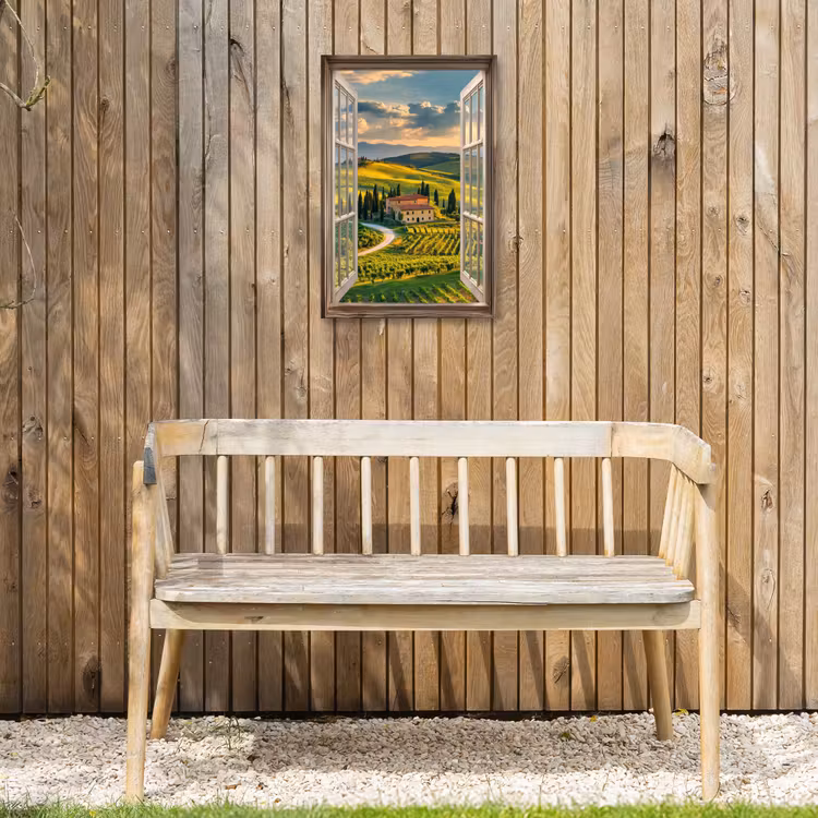 Doorkijk - Toscane - Uitzicht - Landschap - Zomer Tuinposter op houten frame 2 cm dik klein -sfeer4