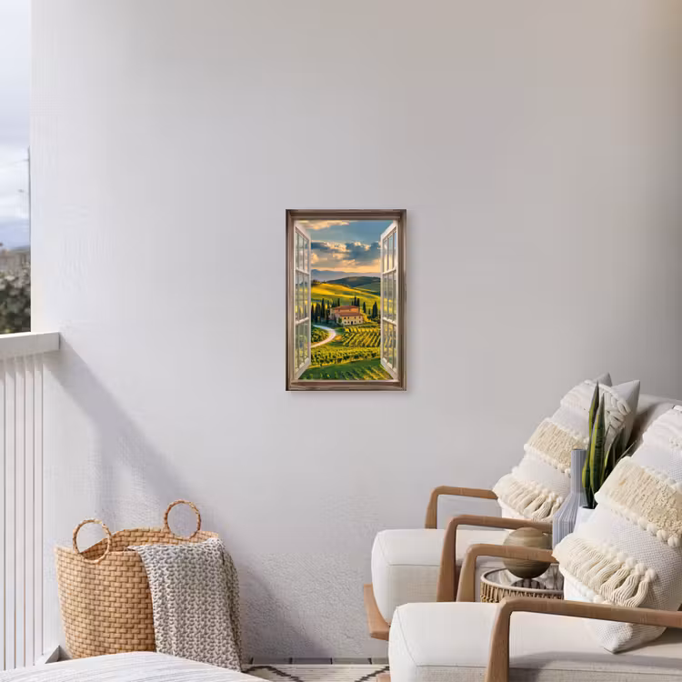 Doorkijk - Toscane - Uitzicht - Landschap - Zomer Tuinposter op houten frame 2 cm dik klein -sfeer1
