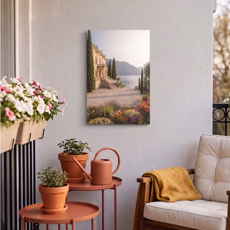 Outdoor Canvas Print - Villa - Water - Stairs - Villa - water -trappen Tuinposter op houten frame 2 cm dik klein