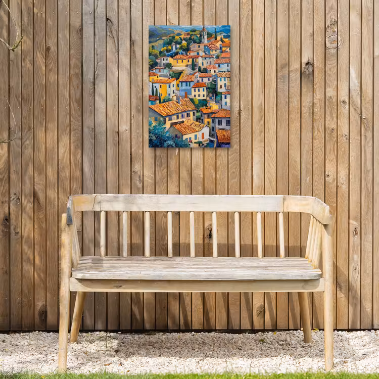 Dorp - Heuvels - Landschap - Bomen Tuinposter op houten frame 2 cm dik klein -sfeer4