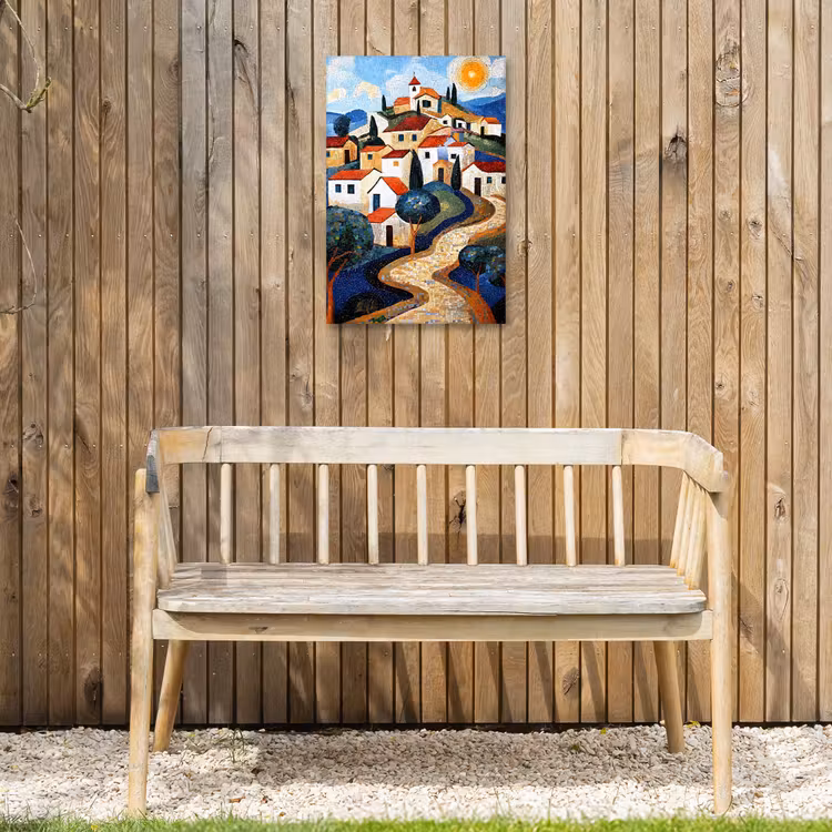 Dorp - Heuvelachtig - Zon - Mozaïek Tuinposter op houten frame 2 cm dik klein -sfeer4