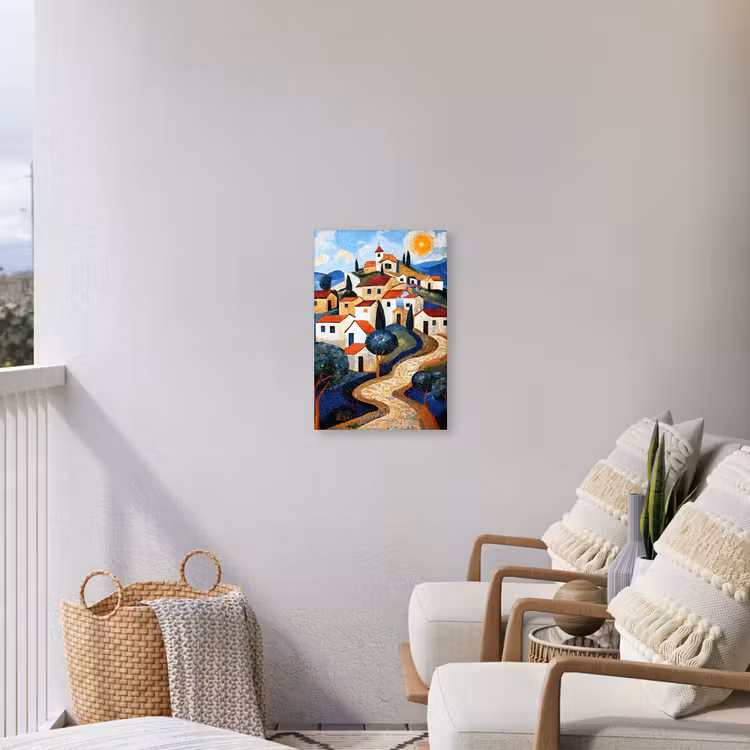 Dorp - Heuvelachtig - Zon - Mozaïek Tuinposter op houten frame 2 cm dik klein -sfeer1