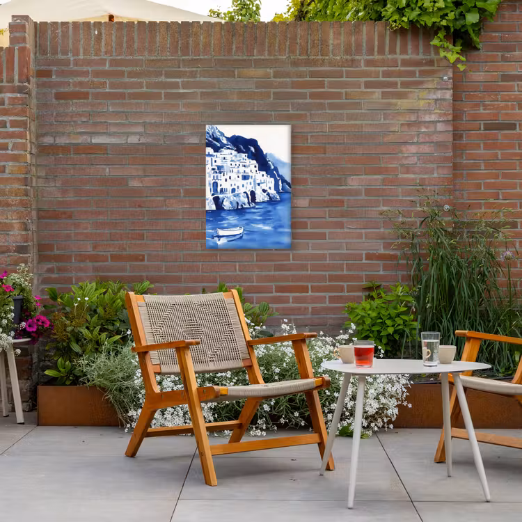 Dorp - Rotswand - Roeiboot - Water Tuinposter op houten frame 2 cm dik klein -sfeer3