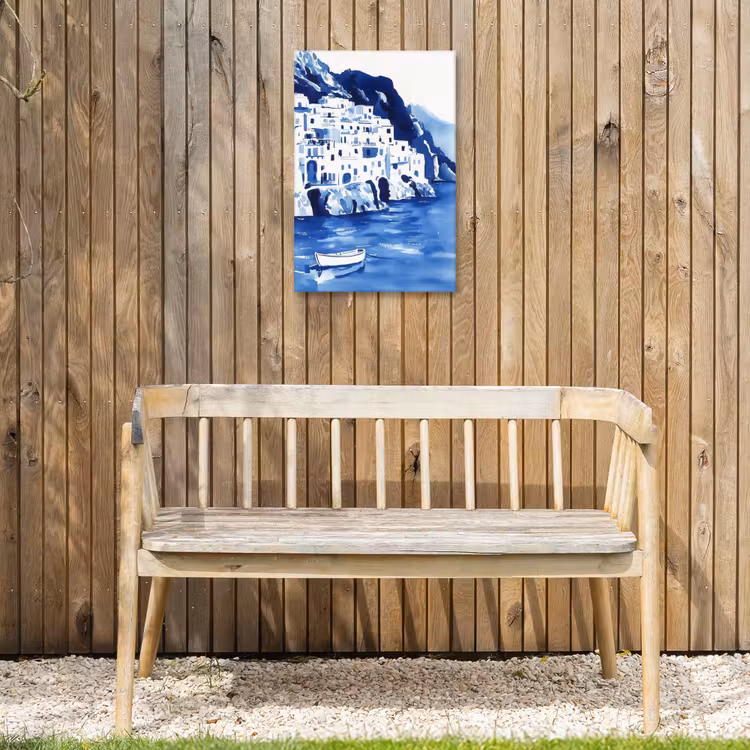 Dorp - Rotswand - Roeiboot - Water Tuinposter op houten frame 2 cm dik klein -sfeer4