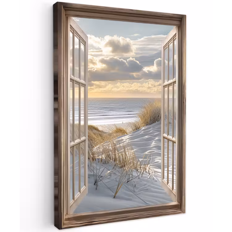 Doorkijk - Strand - Duinen - Zee - Natuur Tuinposter op houten frame 2 cm dik klein -3d