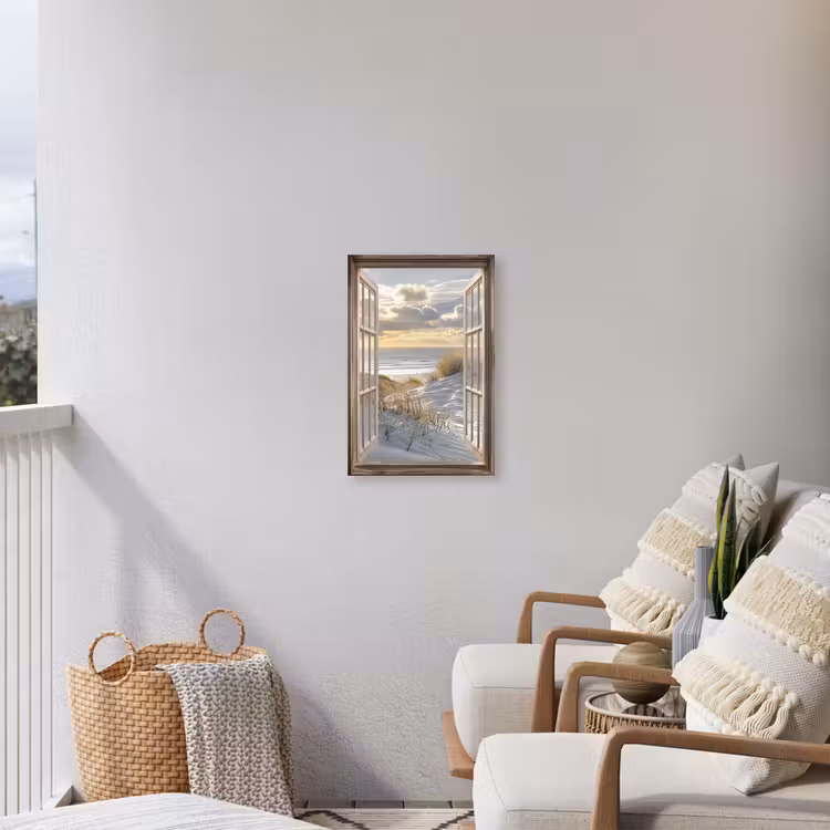 Doorkijk - Strand - Duinen - Zee - Natuur Tuinposter op houten frame 2 cm dik klein -sfeer1