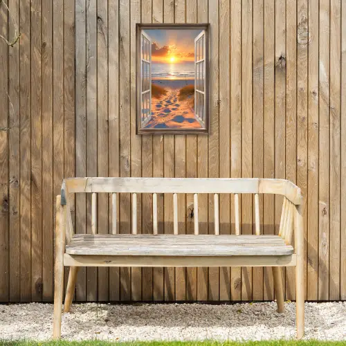 Doorkijk - Strand - Duinen - Zonsondergang Tuinposter op houten frame 2 cm dik klein -sfeer4