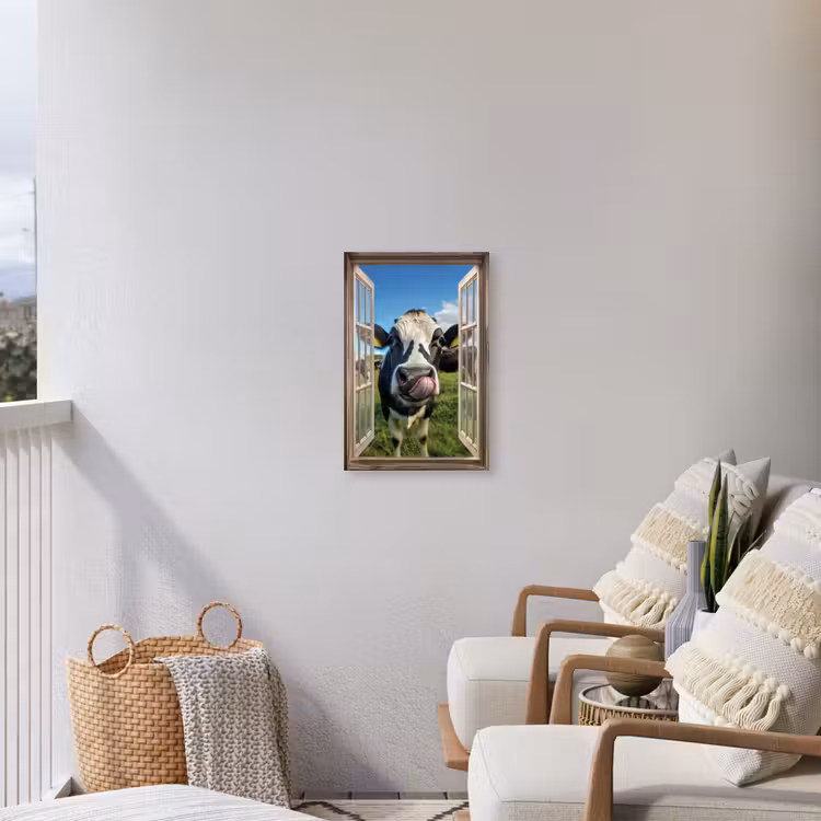 Doorkijk - Koe - Weiland - Dieren - Natuur Tuinposter op houten frame 2 cm dik klein -sfeer1