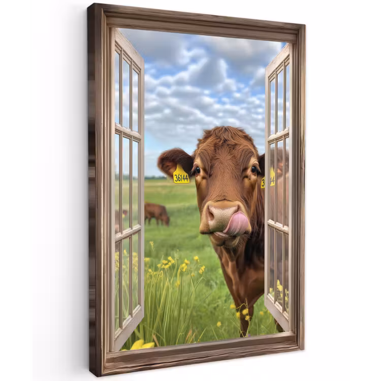 Doorkijk - Koe - Weiland - Landschap - Dieren Tuinposter op houten frame 2 cm dik klein -3d