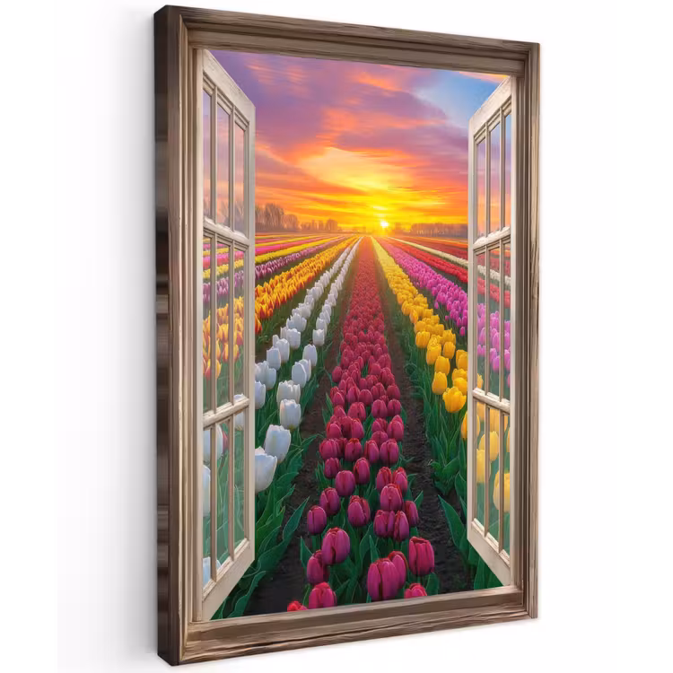 Doorkijk - Bloemen - Tulpen - Kleurrijk - Zonsondergang Tuinposter op houten frame 2 cm dik klein -3d