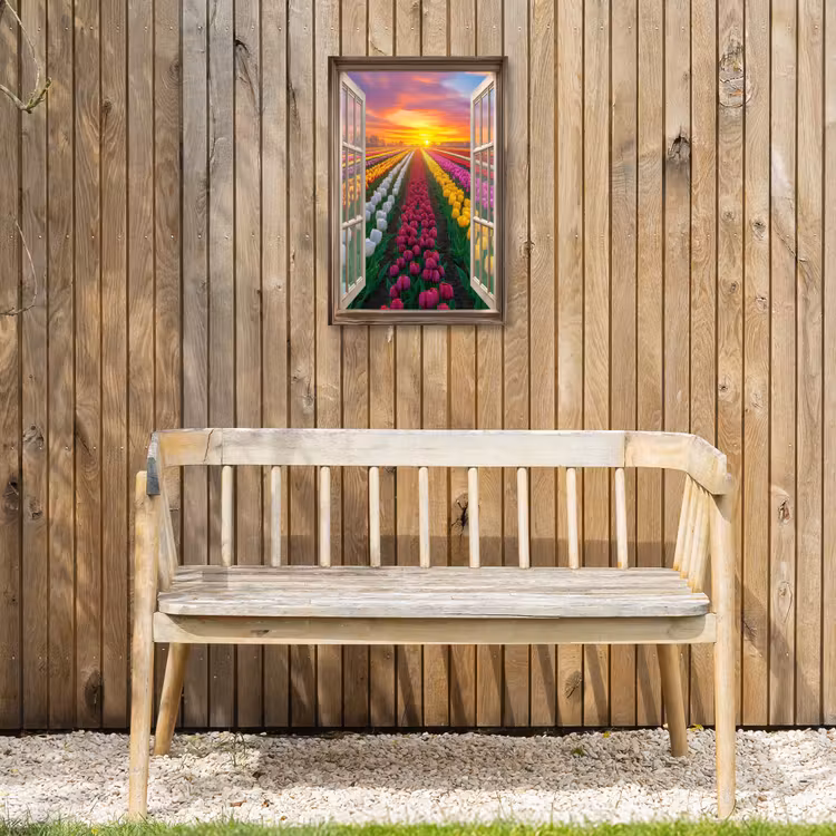 Doorkijk - Bloemen - Tulpen - Kleurrijk - Zonsondergang Tuinposter op houten frame 2 cm dik klein -sfeer4
