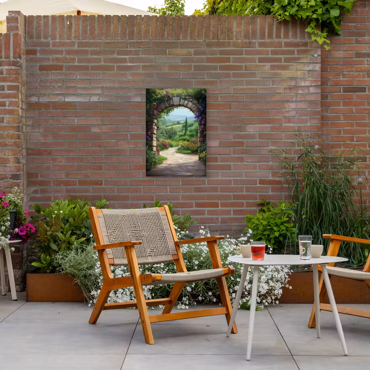 Doorkijk - Landschap - Bloemen - Pad - Uitzicht Tuinposter op houten frame 2 cm dik klein -sfeer3