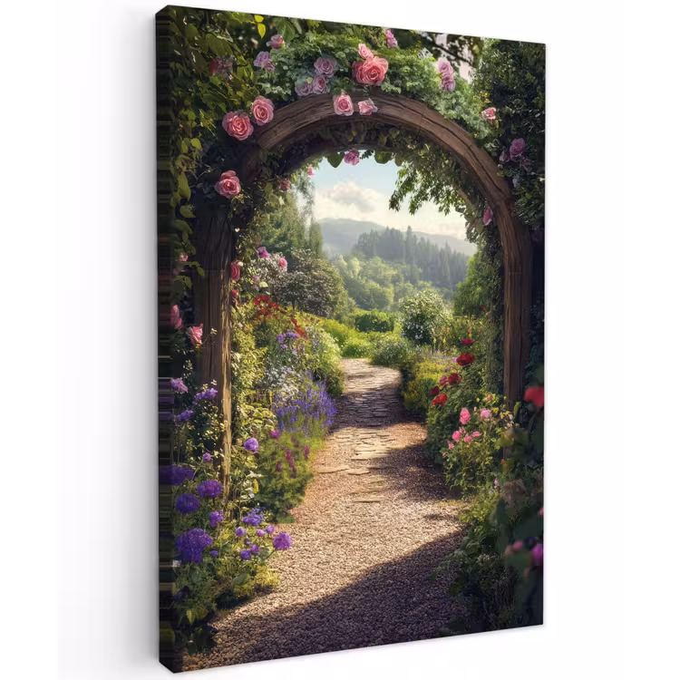 Doorkijk - Landschap - Bloemen - Rozenboog - Natuur Tuinposter op houten frame 2 cm dik klein -3d