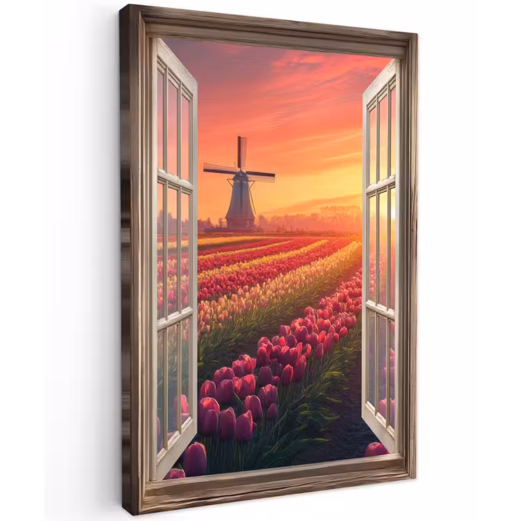 Doorkijk - Tulpen - Zonsondergang - Bloemen - Kleurrijk Tuinposter op houten frame 2 cm dik klein -3d