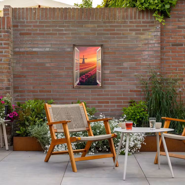 Doorkijk - Tulpen - Zonsondergang - Bloemen - Kleurrijk Tuinposter op houten frame 2 cm dik klein -sfeer3