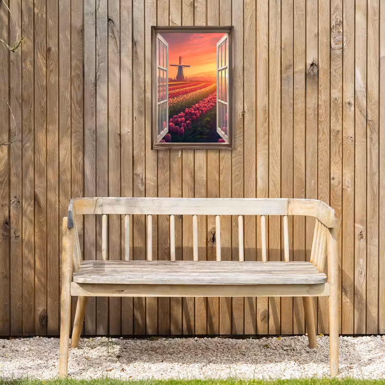 Doorkijk - Tulpen - Zonsondergang - Bloemen - Kleurrijk Tuinposter op houten frame 2 cm dik klein -sfeer4