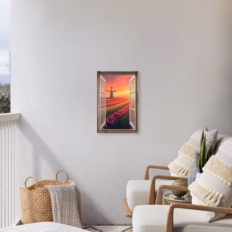 Doorkijk - Tulpen - Zonsondergang - Bloemen - Kleurrijk Tuinposter op houten frame 2 cm dik klein -sfeer1