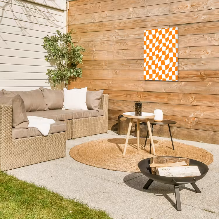 Golvend - Patroon - Oranje Tuinposter op houten frame 2 cm dik klein 841 -sfeer2