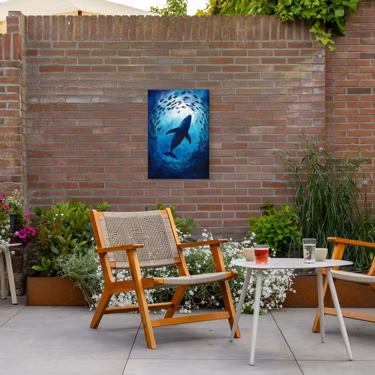 Walvis - Vissen - Donkerblauw Tuinposter op houten frame 2 cm dik klein -sfeer3