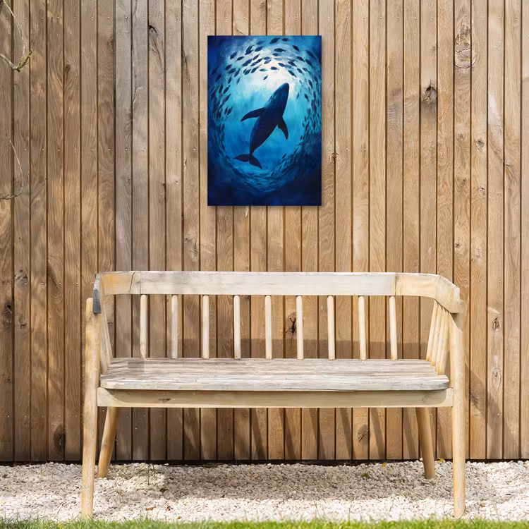 Walvis - Vissen - Donkerblauw Tuinposter op houten frame 2 cm dik klein -sfeer4
