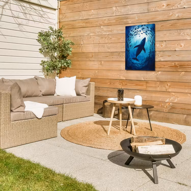 Walvis - Vissen - Donkerblauw Tuinposter op houten frame 2 cm dik klein -sfeer2