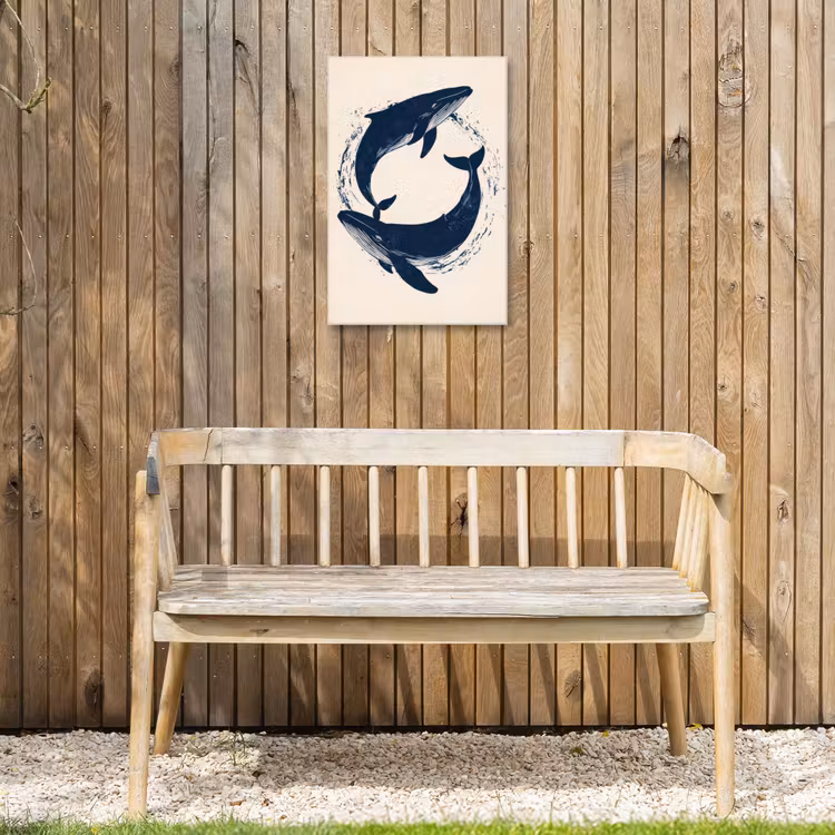 Walvissen - Spetters - Cirkel - Donkerblauw Tuinposter op houten frame 2 cm dik klein -sfeer4