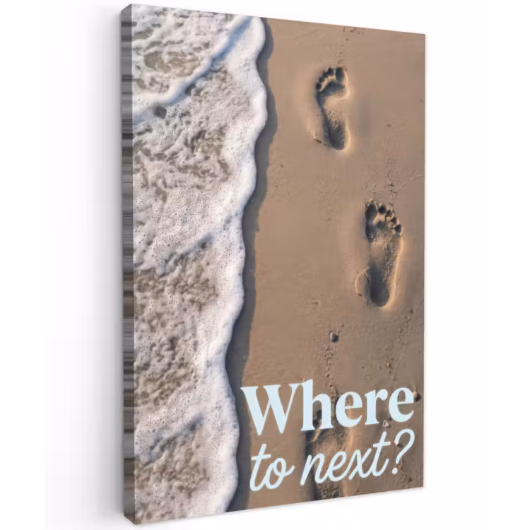 Where to next - Strand - Voetstappen Tuinposter op houten frame 2 cm dik klein -3d