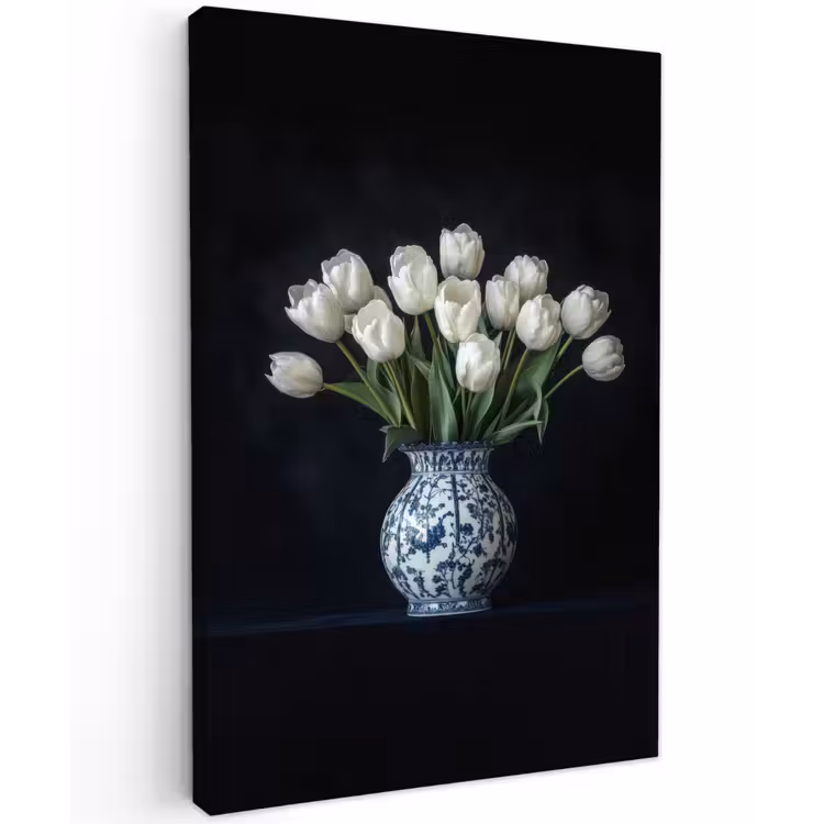 Wit - Bloemen - Tulpen - Vaas Tuinposter op houten frame 2 cm dik klein -3d