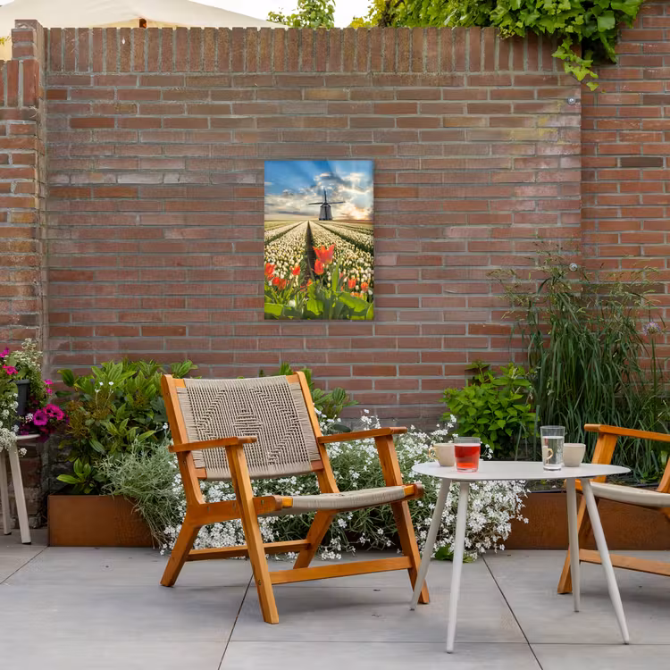 Windmolens en tulpenvelden bij zonsopgang Tuinposter op houten frame 2 cm dik klein -sfeer3