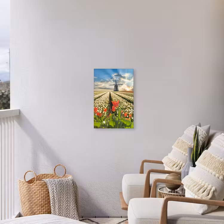 Windmolens en tulpenvelden bij zonsopgang Tuinposter op houten frame 2 cm dik klein -sfeer1