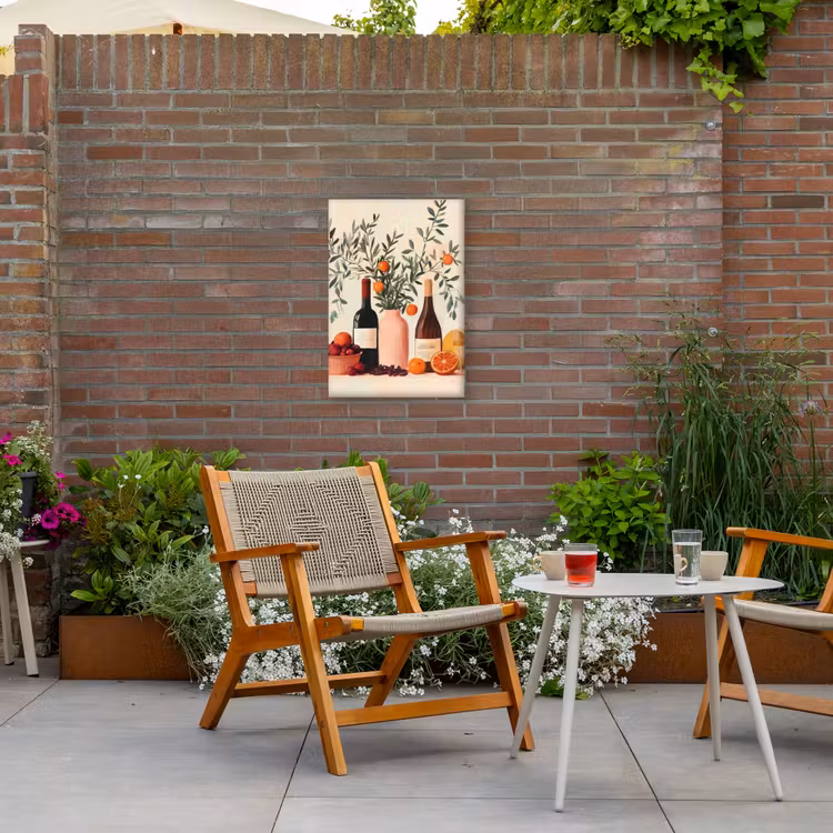 Wijnflessen - Takken - Sinaasappels Tuinposter op houten frame 2 cm dik klein -sfeer3