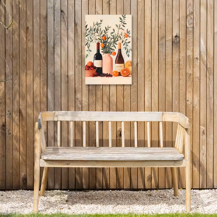Wijnflessen - Takken - Sinaasappels Tuinposter op houten frame 2 cm dik klein -sfeer4
