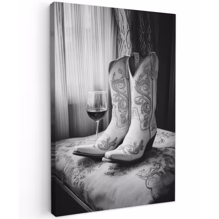 Wijn - Cowboylaarzen - Raamlicht - Wit Tuinposter op houten frame 2 cm dik klein -3d