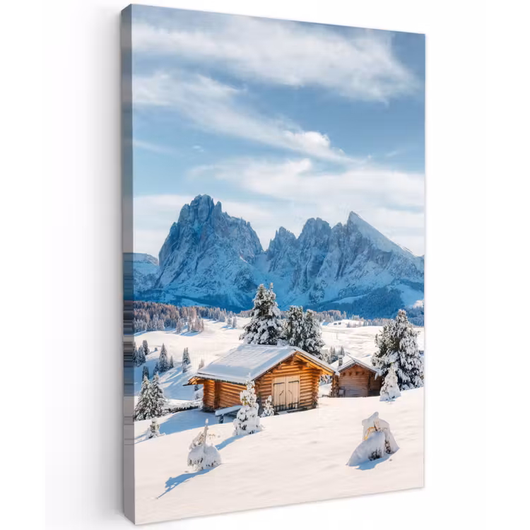Winter - Huisje - Bergen - Uitzicht - Sneeuw Tuinposter op houten frame 2 cm dik klein -3d