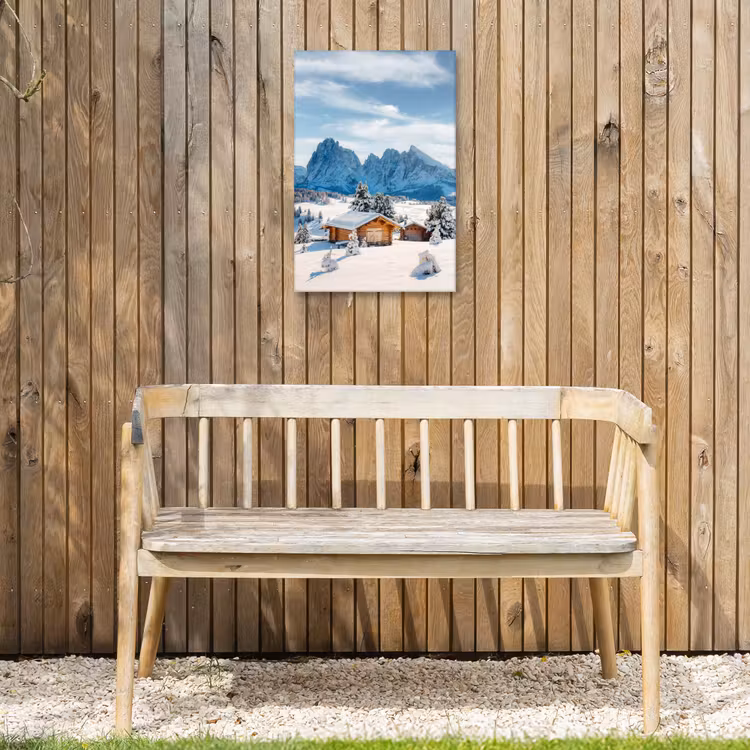 Winter - Huisje - Bergen - Uitzicht - Sneeuw Tuinposter op houten frame 2 cm dik klein -sfeer4