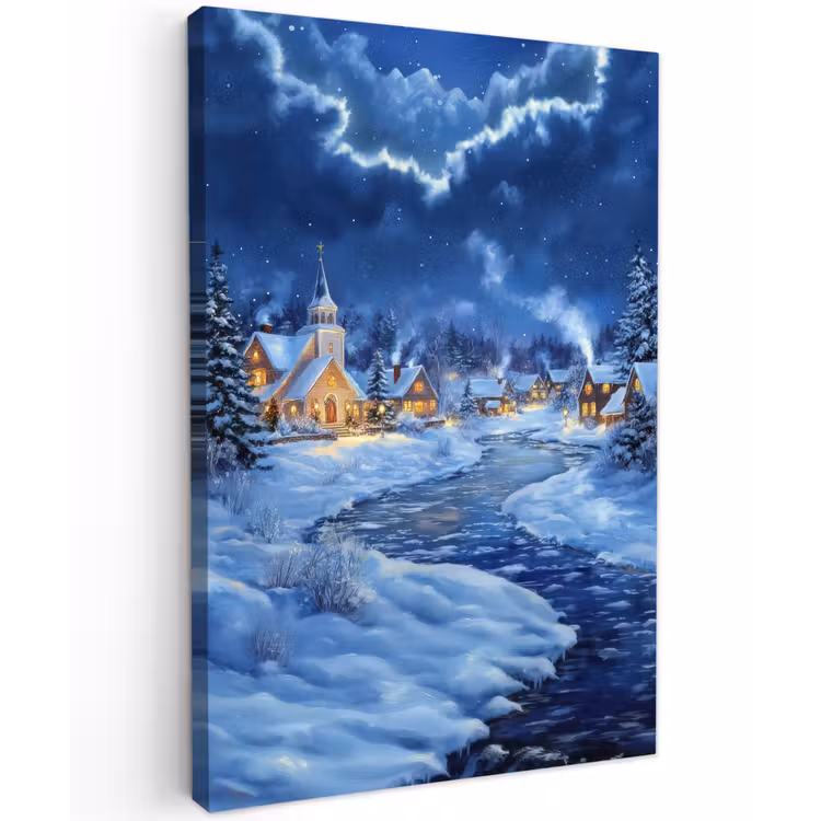 Winteravond - Kerstdorp - Donker Tuinposter op houten frame 2 cm dik klein -3d
