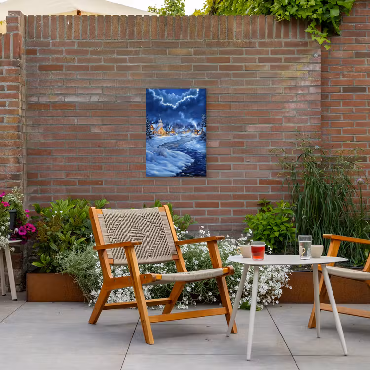 Winteravond - Kerstdorp - Donker Tuinposter op houten frame 2 cm dik klein -sfeer3