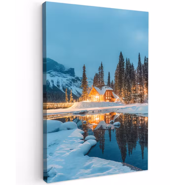 Winterlandschap - Natuur - Huis - Bergen - Sneeuw Tuinposter op houten frame 2 cm dik klein -3d