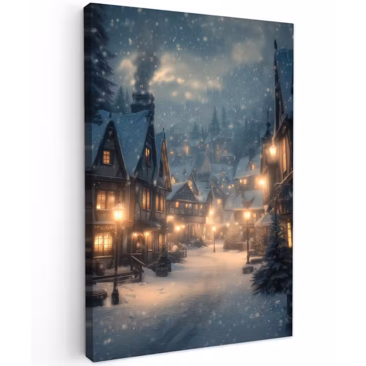 Winterdorp - Sneeuw - Donker Tuinposter op houten frame 2 cm dik klein -3d