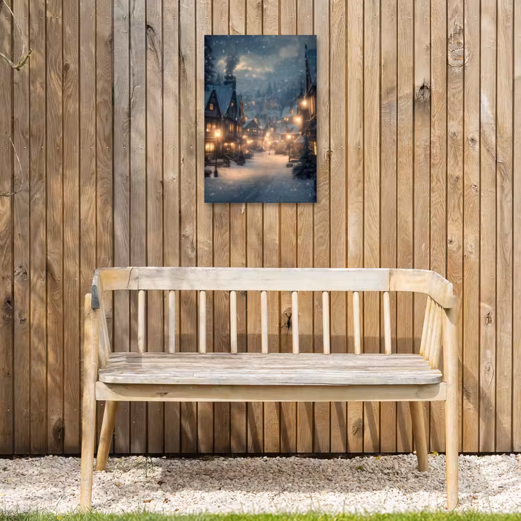 Winterdorp - Sneeuw - Donker Tuinposter op houten frame 2 cm dik klein -sfeer4