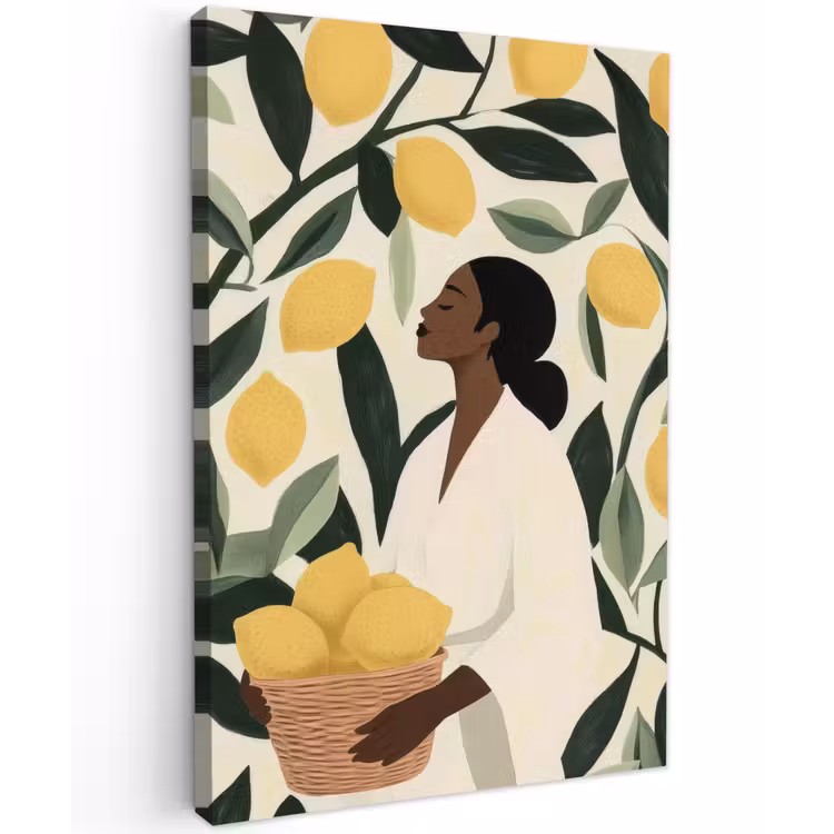 Vrouw - Mand - Citroenen - Bladeren Tuinposter op houten frame 2 cm dik klein -3d