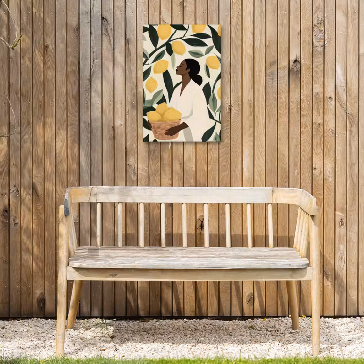 Vrouw - Mand - Citroenen - Bladeren Tuinposter op houten frame 2 cm dik klein -sfeer4