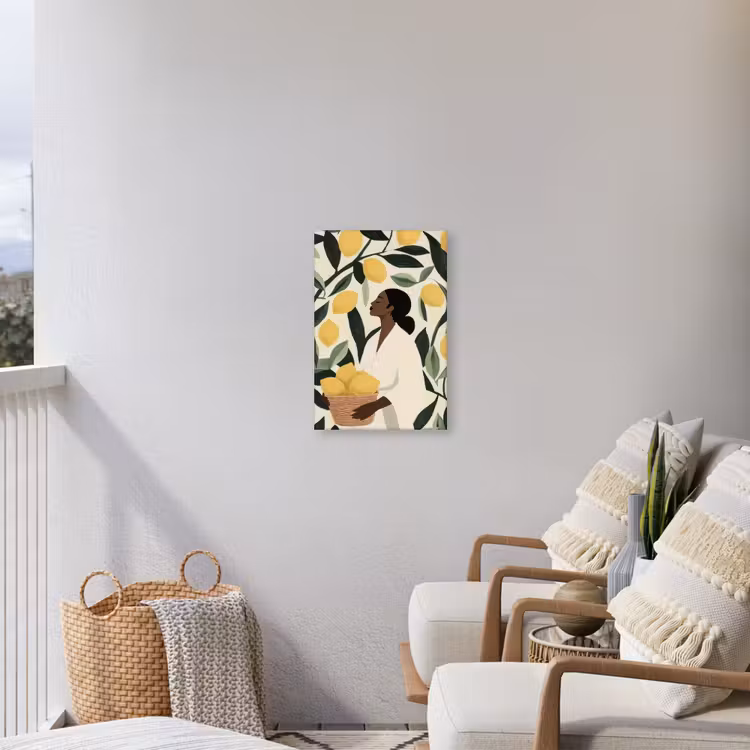 Vrouw - Mand - Citroenen - Bladeren Tuinposter op houten frame 2 cm dik klein -sfeer1