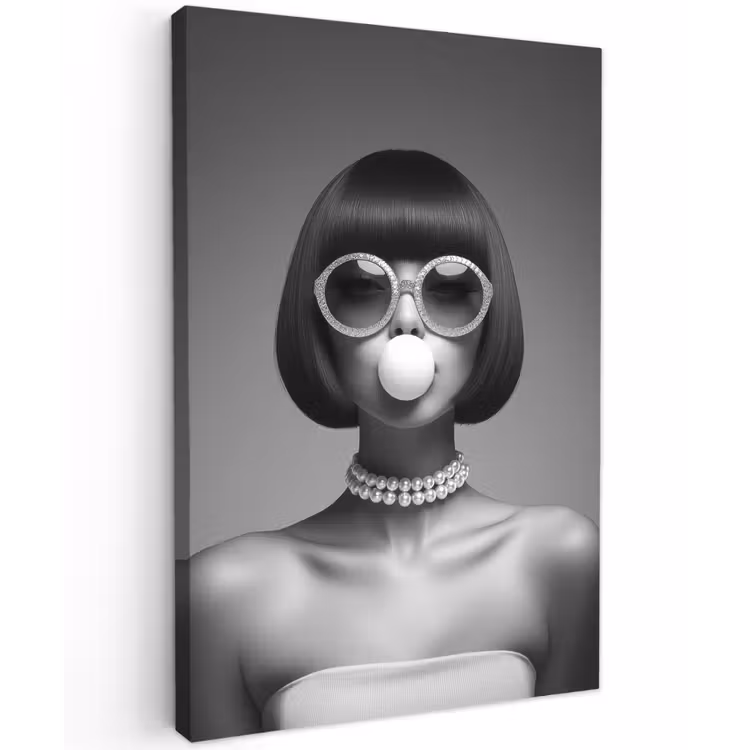 Vrouw - Zwart Wit - Ketting - Zonnebril Tuinposter op houten frame 2 cm dik klein -3d
